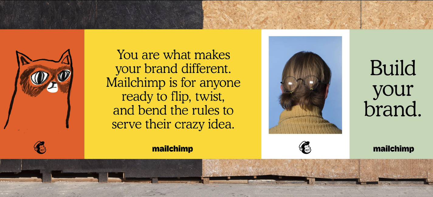 Mailchimp billboard campaign artwork — cat, brand copy and Build your brand panels