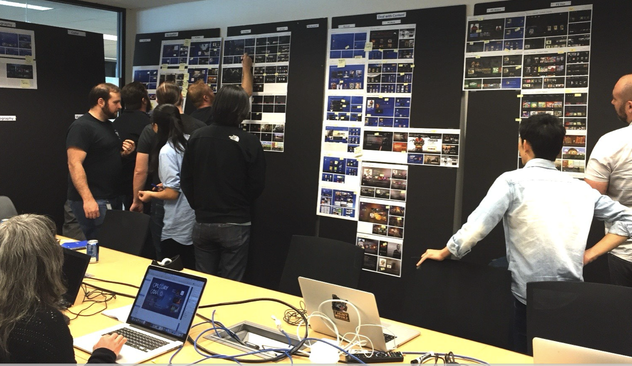 PlayStation design team reviewing interface layouts pinned to studio walls during a UX workshop